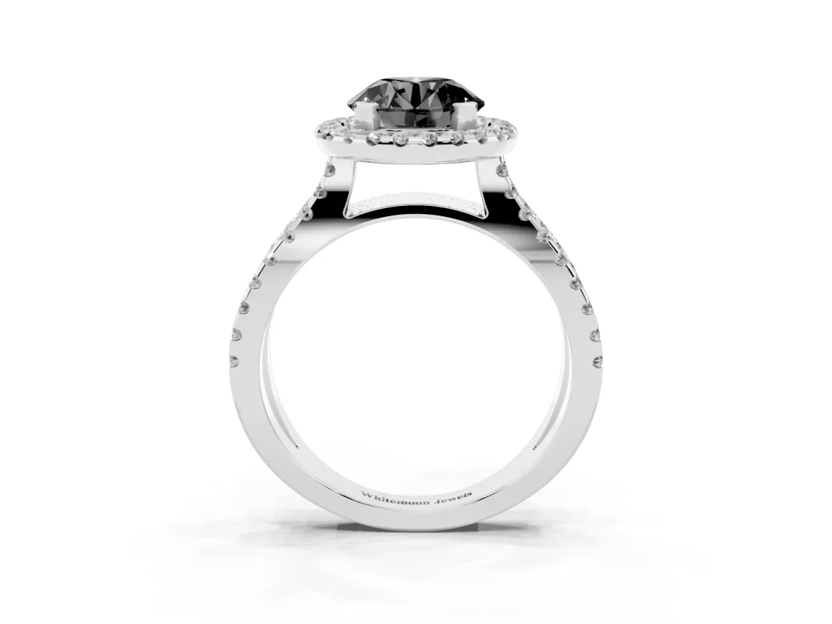 Fancy Black Round Cut Diamond Halo Ring with Split Shank Pavé Band and Prong Setting Silver