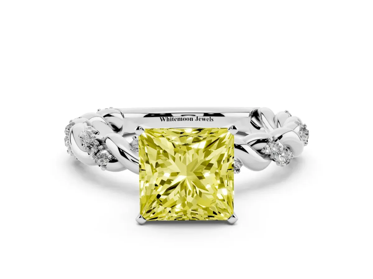 Fancy Yellow Princess Cut Diamond Solitaire Ring with Twisted Band and Pavé Accents Silver