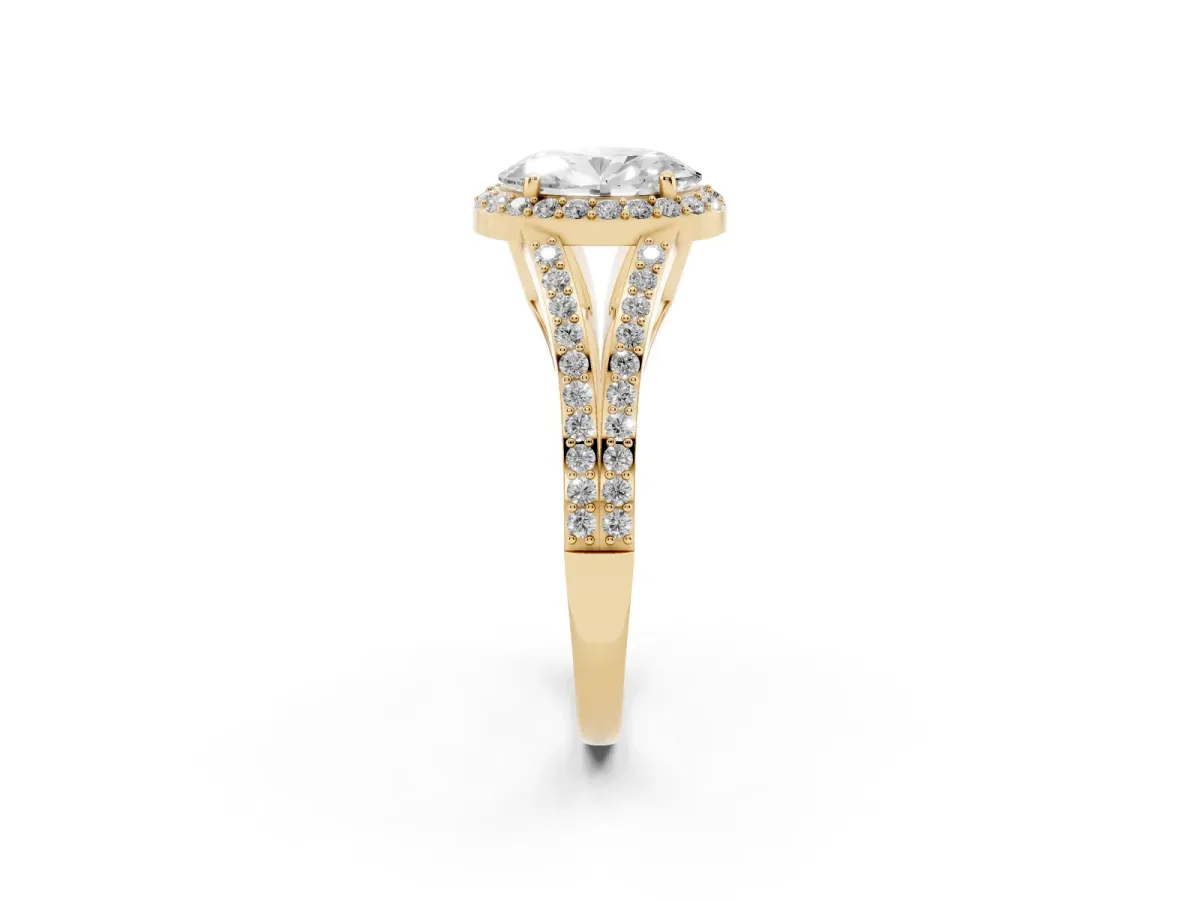 Oval Cut Halo Split Shank Pave Diamond Ring with Four-Prong Setting Yellow gold