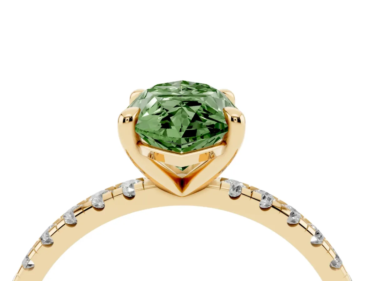 Fancy Green Marquise Cut Diamond Brilliant Solitaire Ring with Pavé Band and Four-Prong Setting Yellow gold