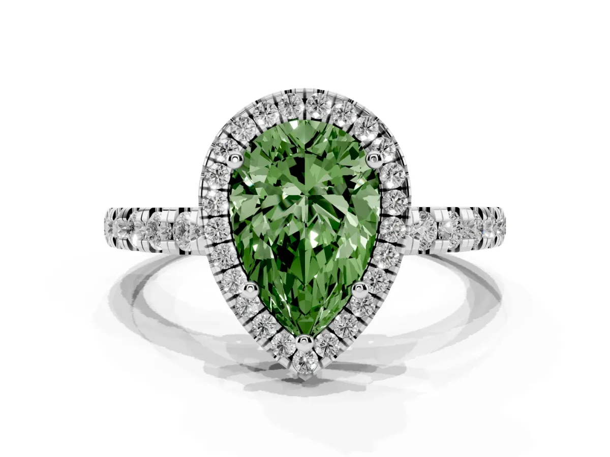 Fancy Green Pear Cut Diamond Halo Ring with Pavé Band and Four-Prong Setting Silver
