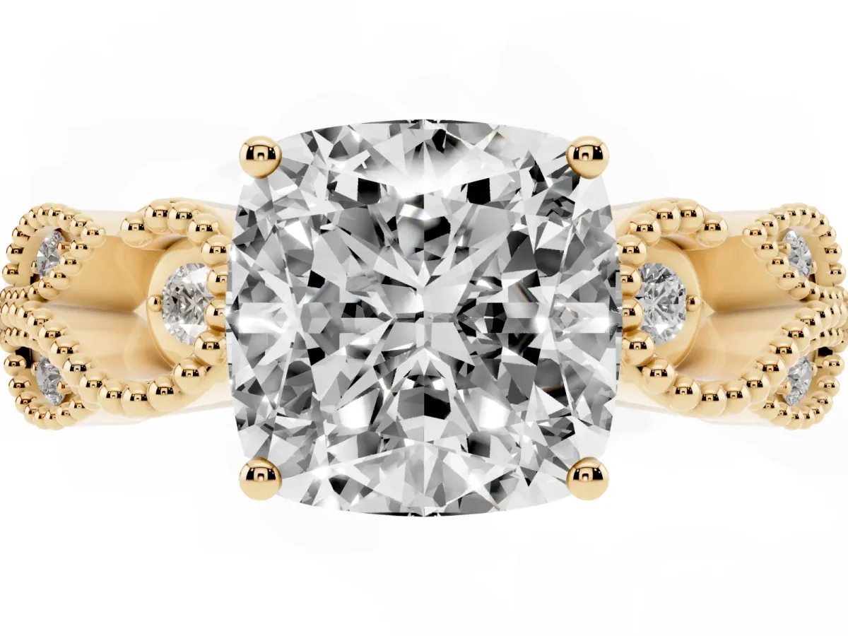 Cushion Cut Solitaire Milgrain Leaf Band with Prong Setting Yellow gold