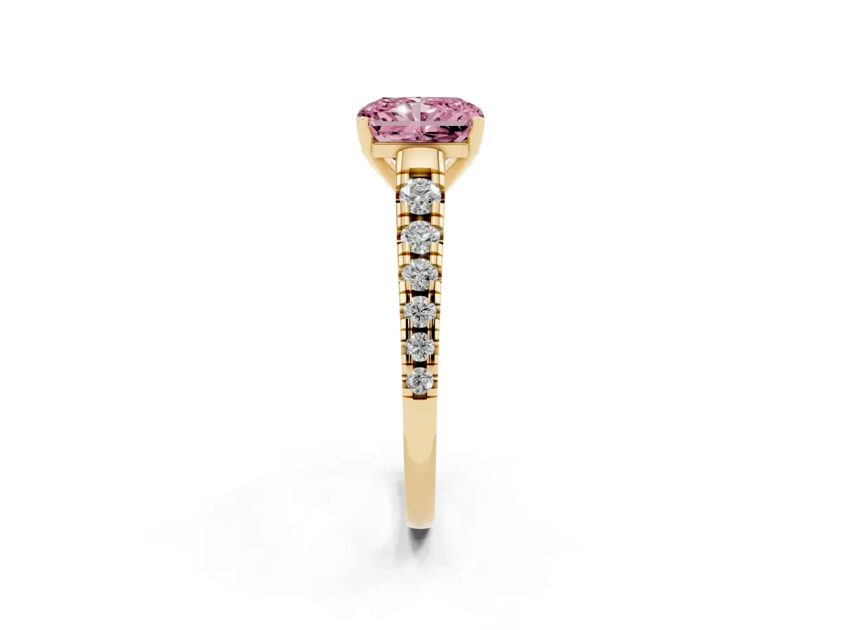 Fancy Pink Radiant Cut Diamond Cathedral Solitaire Ring with Round Pavé Band Yellow gold