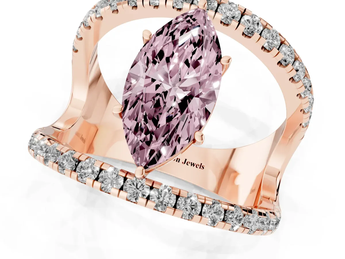 Fancy Pink Marquise Cut Solitaire Split Shank Pave Diamond Ring Rose gold