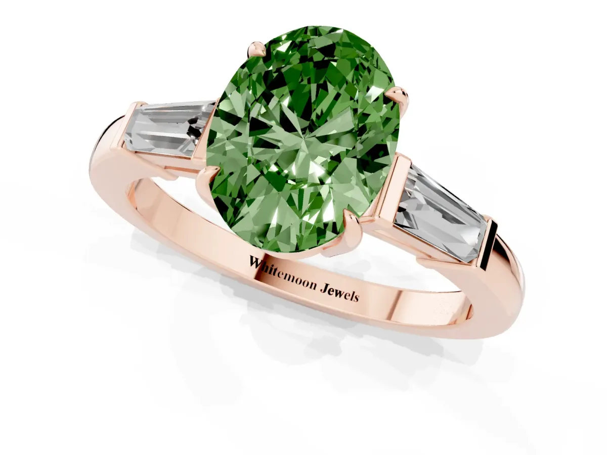 Fancy Green Oval Cut Diamond Three-Stone Ring with Tapered Baguette Side Stones and Prong Setting Rose gold