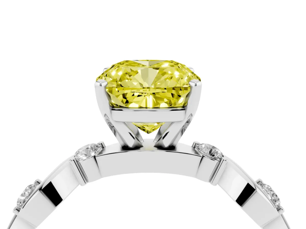 Fancy Yellow Cushion Cut Diamond Solitaire Twisted Band with Round Accents and Prong Setting White gold