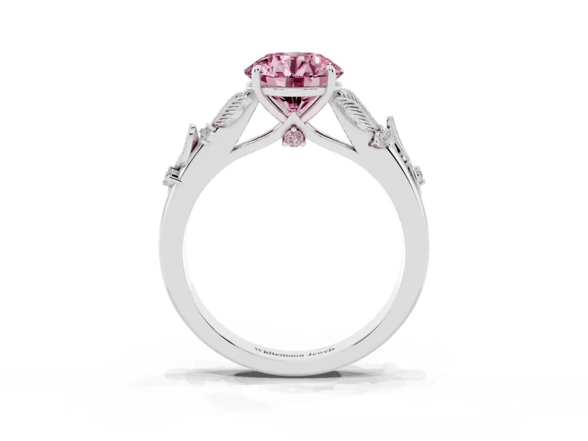 Fancy Pink Round Cut Diamond Solitaire Ring with Leaf Motif Band and Four-Prong Setting Platinum