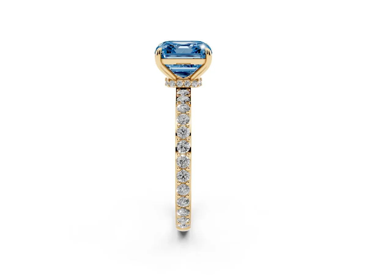 Fancy Blue Asscher Cut Diamond Solitaire Engagement Ring with Pavé Band and Four-Prong Setting Yellow gold