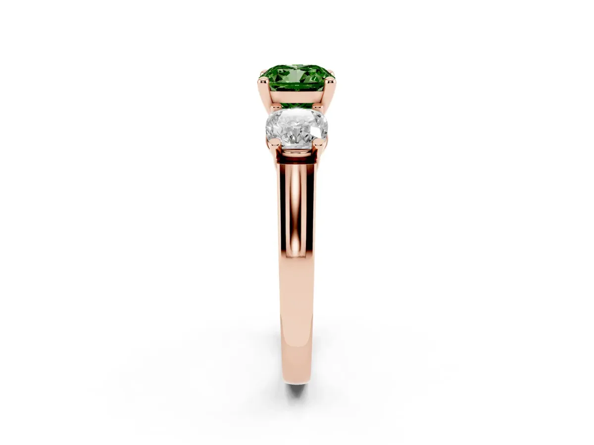 Fancy Green Three-Stone Cushion Cut Brilliant Diamond Trellis Ring with Comfort Fit Band Rose gold