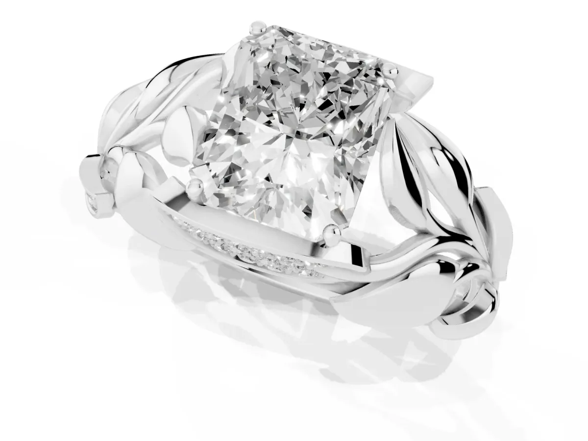 Radiant Cut Diamond Leaf-Inspired Engagement Ring with Round Accents and Prong Setting White gold