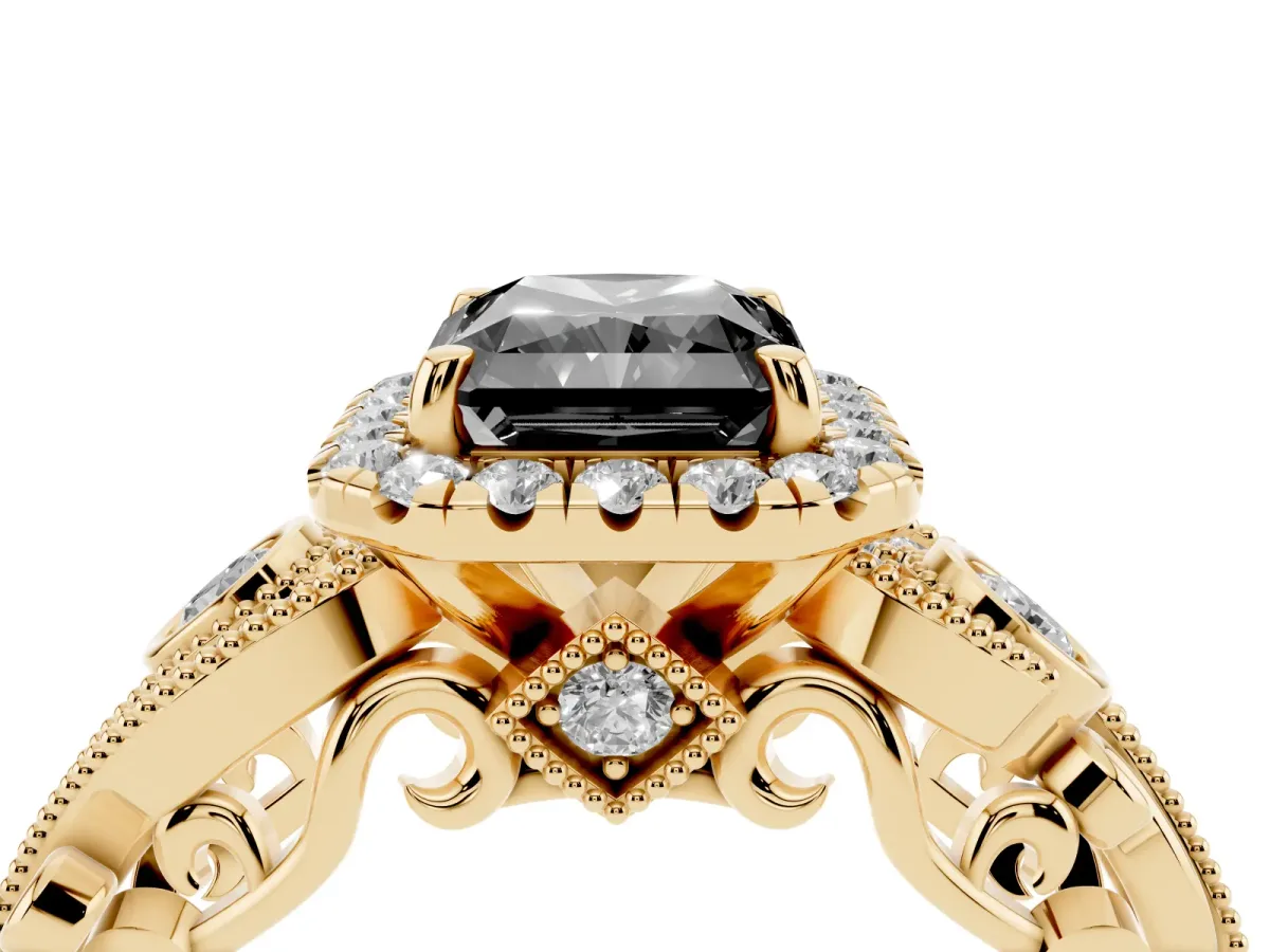 Fancy Black Radiant Cut Halo Diamond Ring with Milgrain and Bezel Accents on a Split Shank Band Yellow gold
