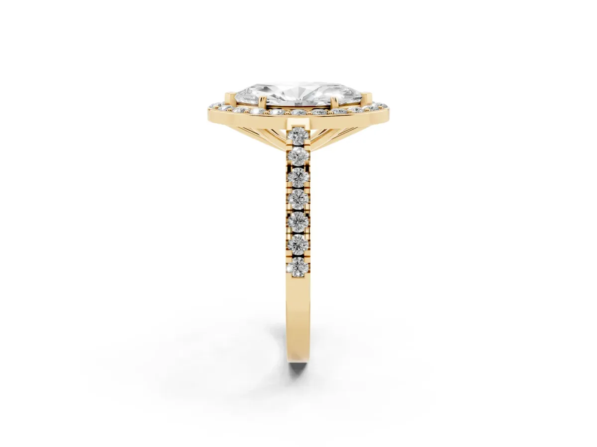 Marquise Cut Diamond Halo Ring with Round Pavé Split Shank and Prong Setting Yellow gold