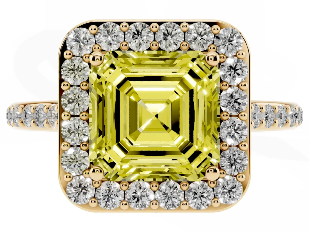 Fancy Yellow Asscher Cut Diamond Halo Engagement Ring with Round Pavé Shoulders and Prong Setting Yellow gold