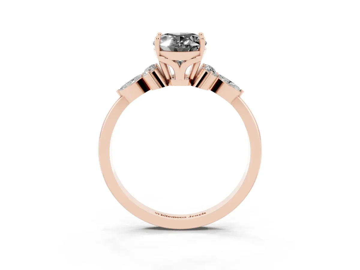 Fancy Black Oval Cut Brilliant Diamond Solitaire Ring with Pear Side Stones and Four-Prong Setting Rose gold