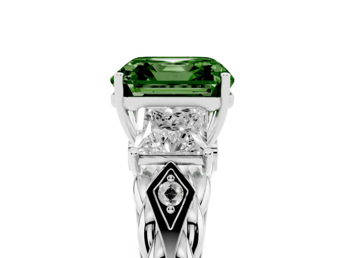 Fancy Green Three-Stone Asscher Cut Diamond Braided Band Ring with Four-Prong Setting Platinum