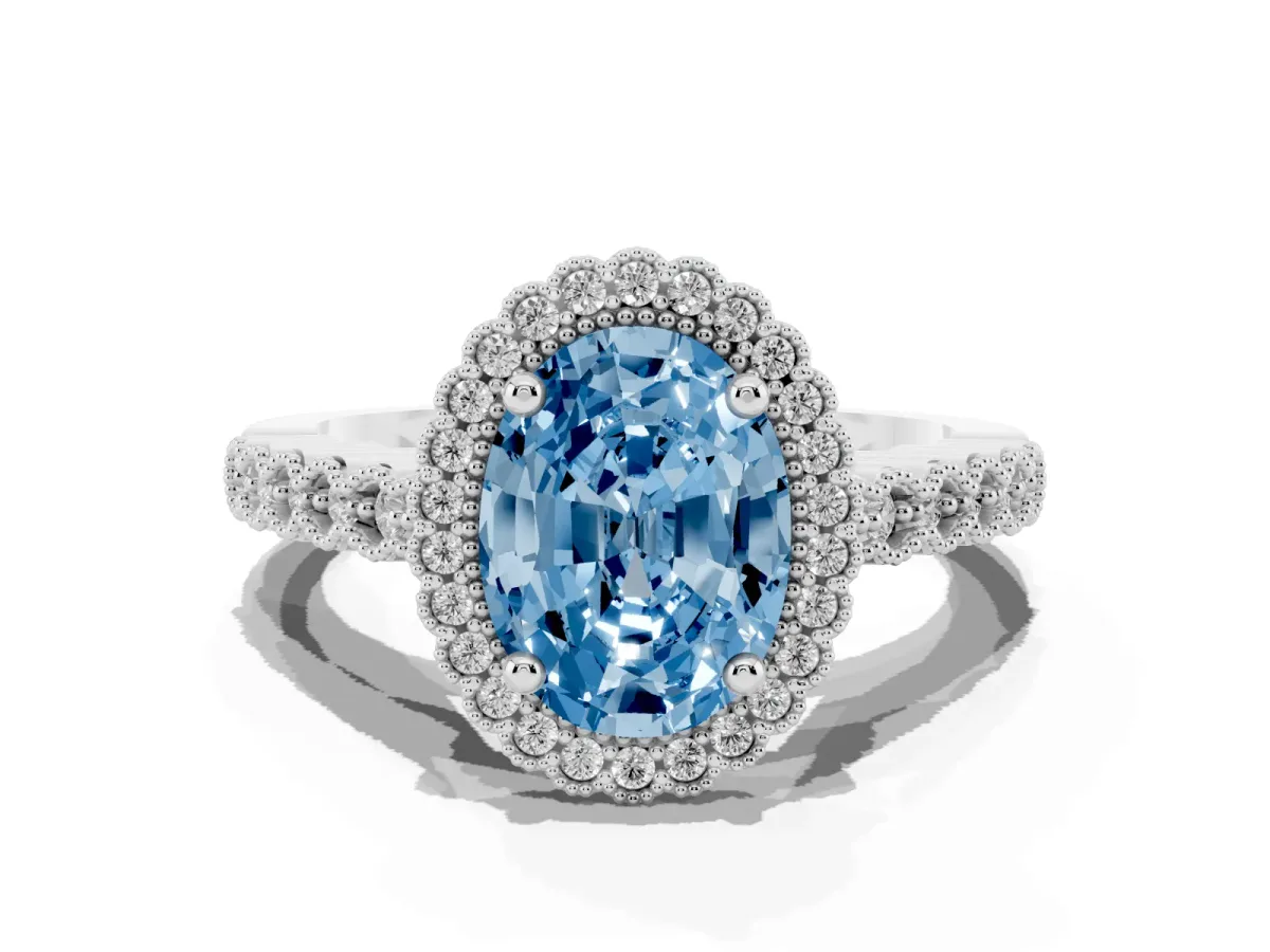 Fancy Blue Oval Cut Cut Halo Pavé Solitaire Ring with Milgrain Band Silver