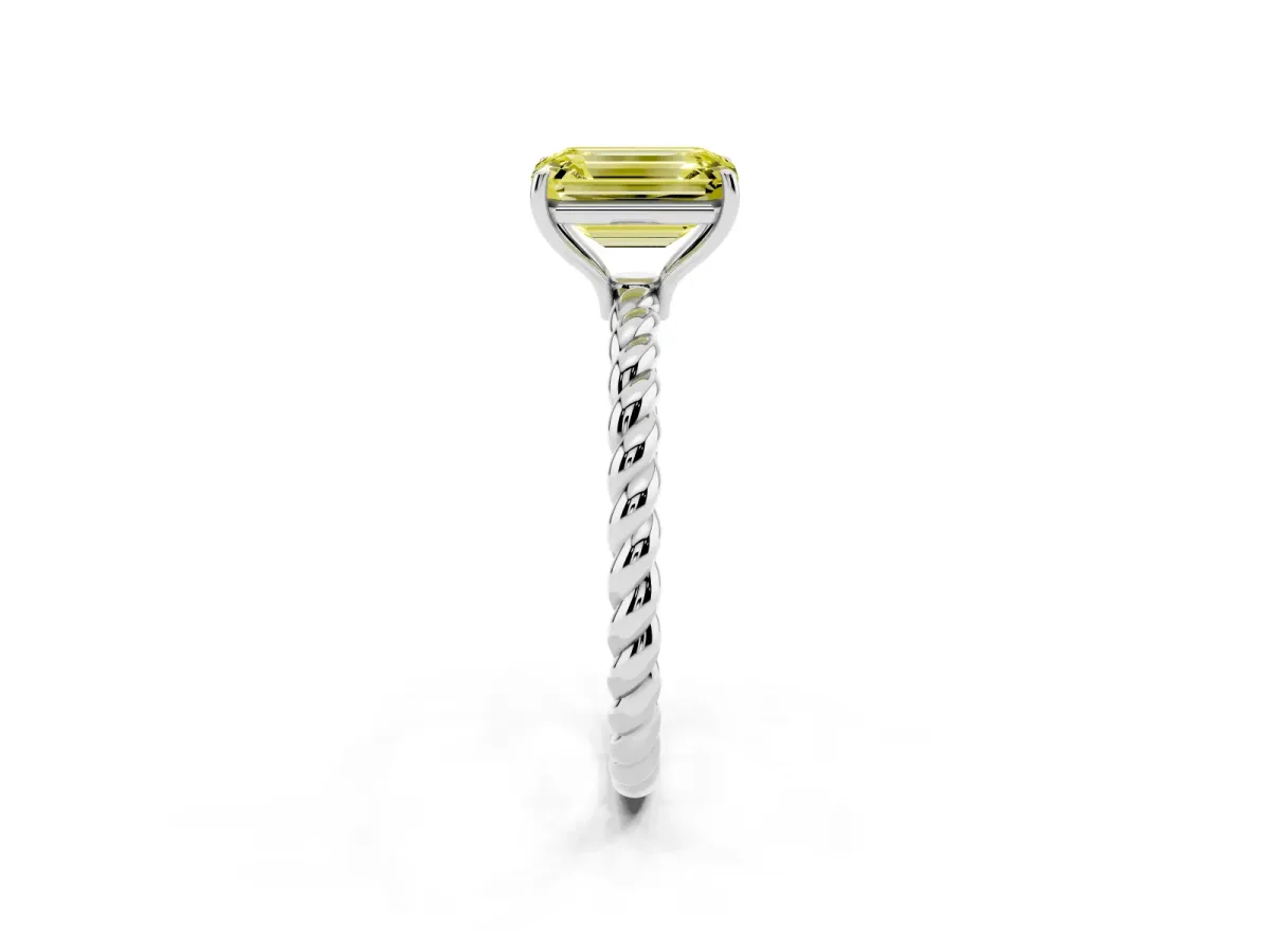 Fancy Yellow Emerald Cut Solitaire Twist Band Ring with Four-Prong Setting Platinum