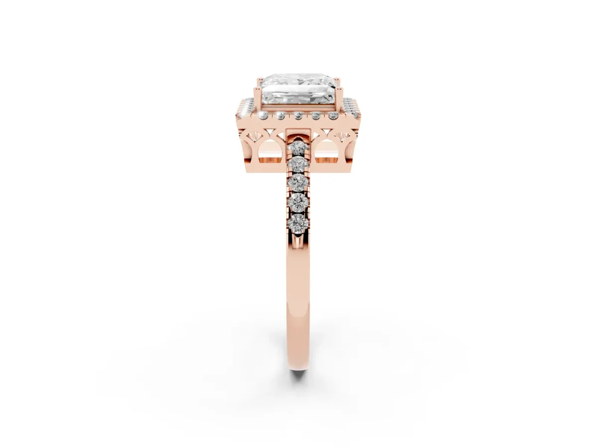 Princess Cut Halo Diamond Engagement Ring with Pavé Band and Four-Prong Setting Rose gold