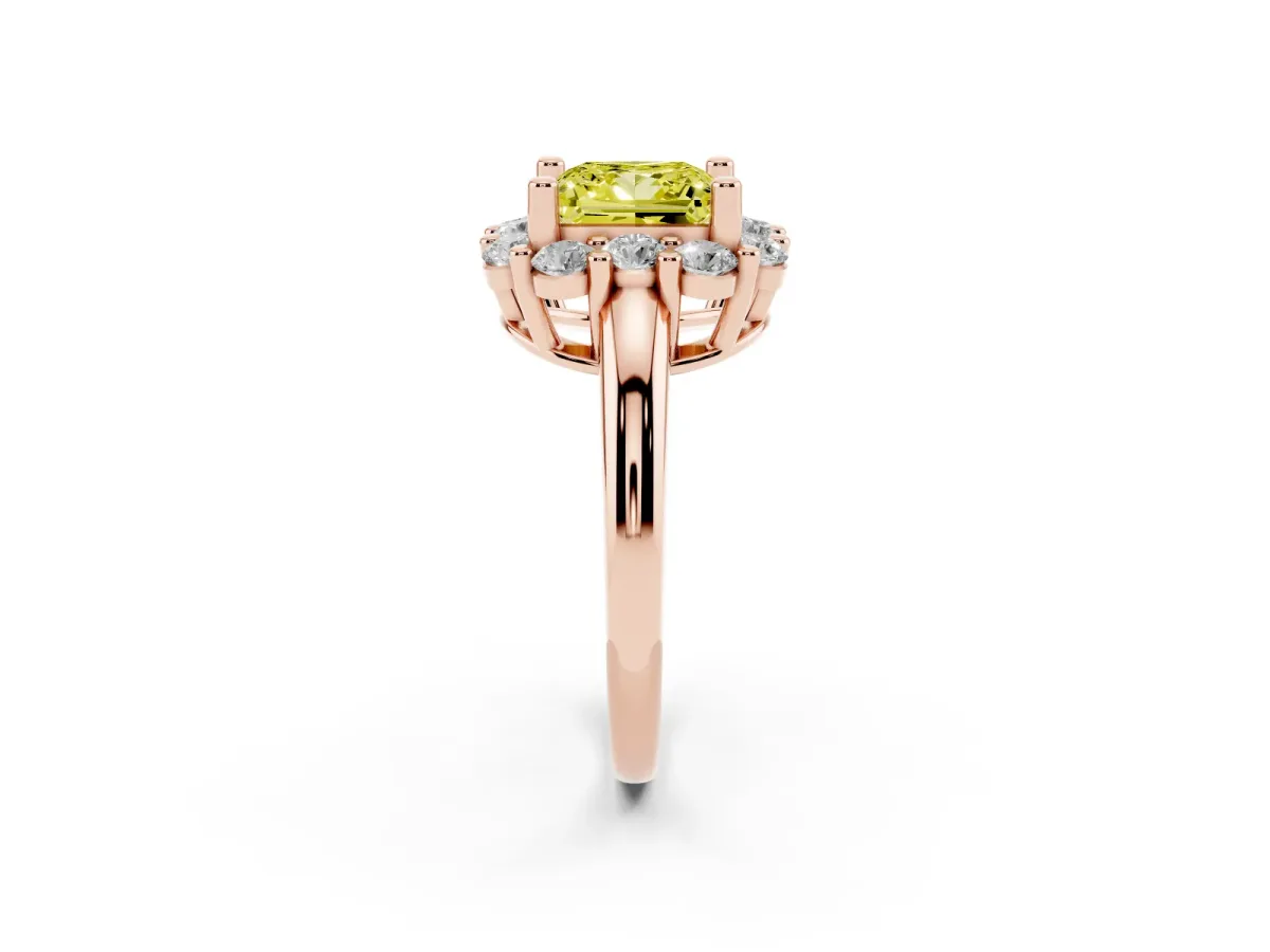 Fancy Yellow Princess Cut Halo Cluster Diamond Engagement Ring with Prong Setting and Polished Band Rose gold
