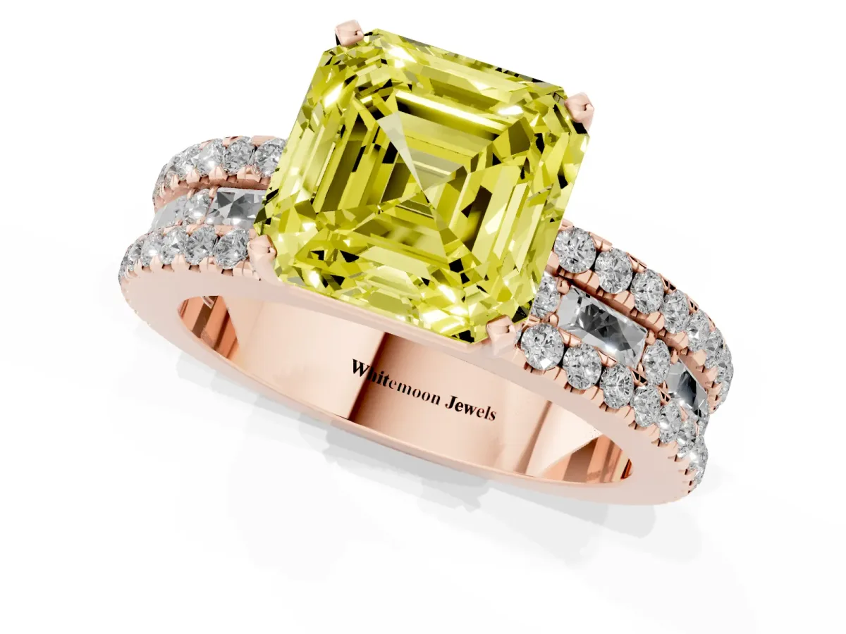 Fancy Yellow Asscher Cut Diamond Solitaire Ring with Pavé and Channel Set Band Rose gold