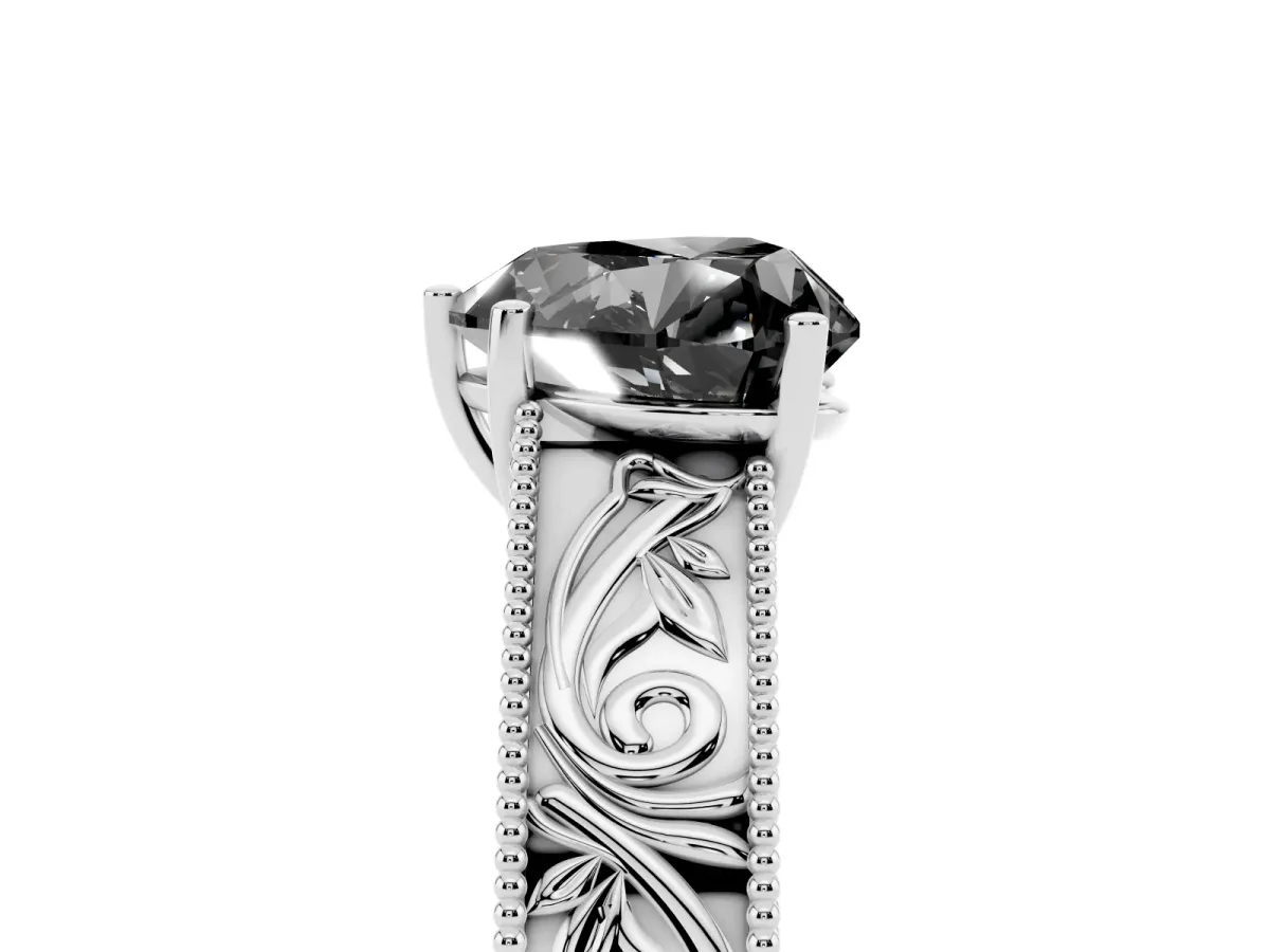 Fancy Black Heart Cut Diamond Solitaire Ring with Engraved Band and Four-Prong Setting Platinum