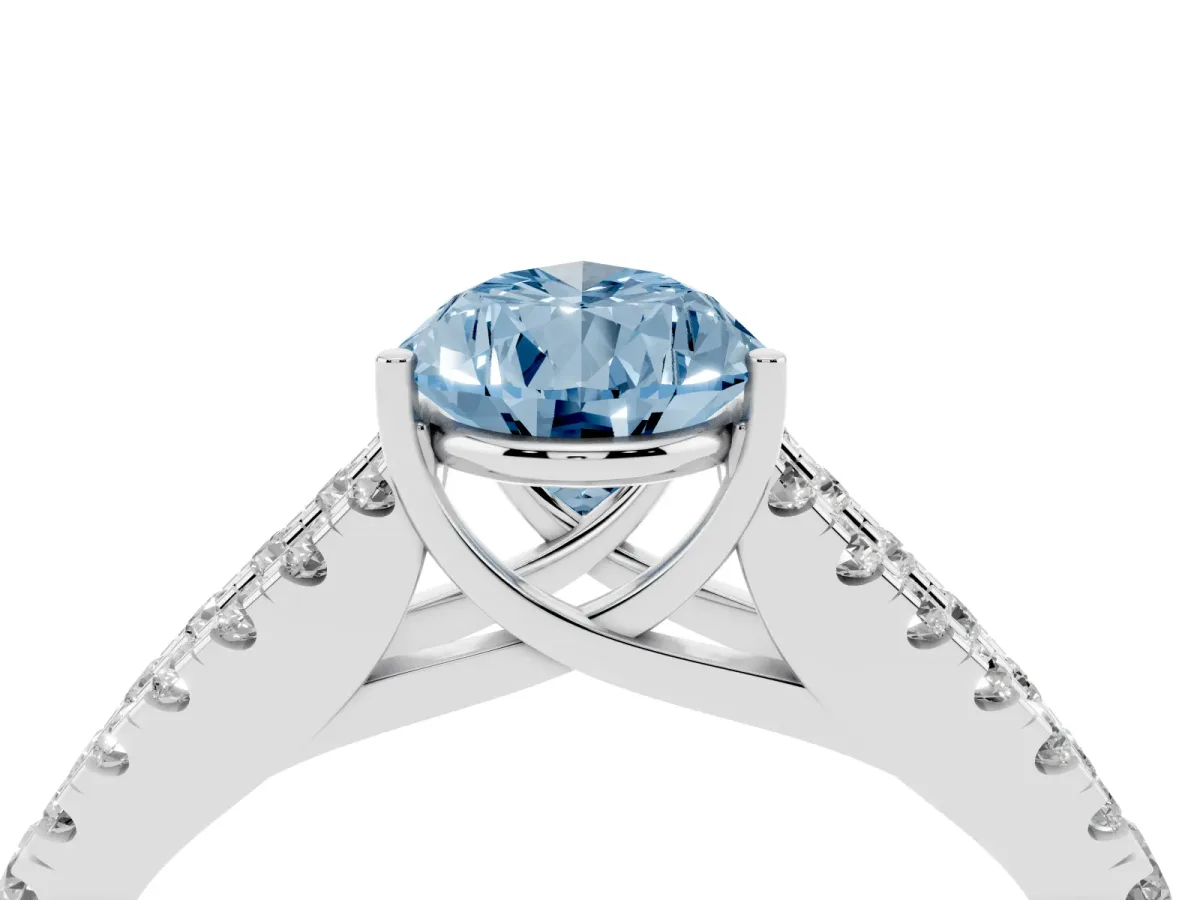 Fancy Blue Pear Cut Diamond Split Shank Pavé Engagement Ring with Four-Prong Setting White gold