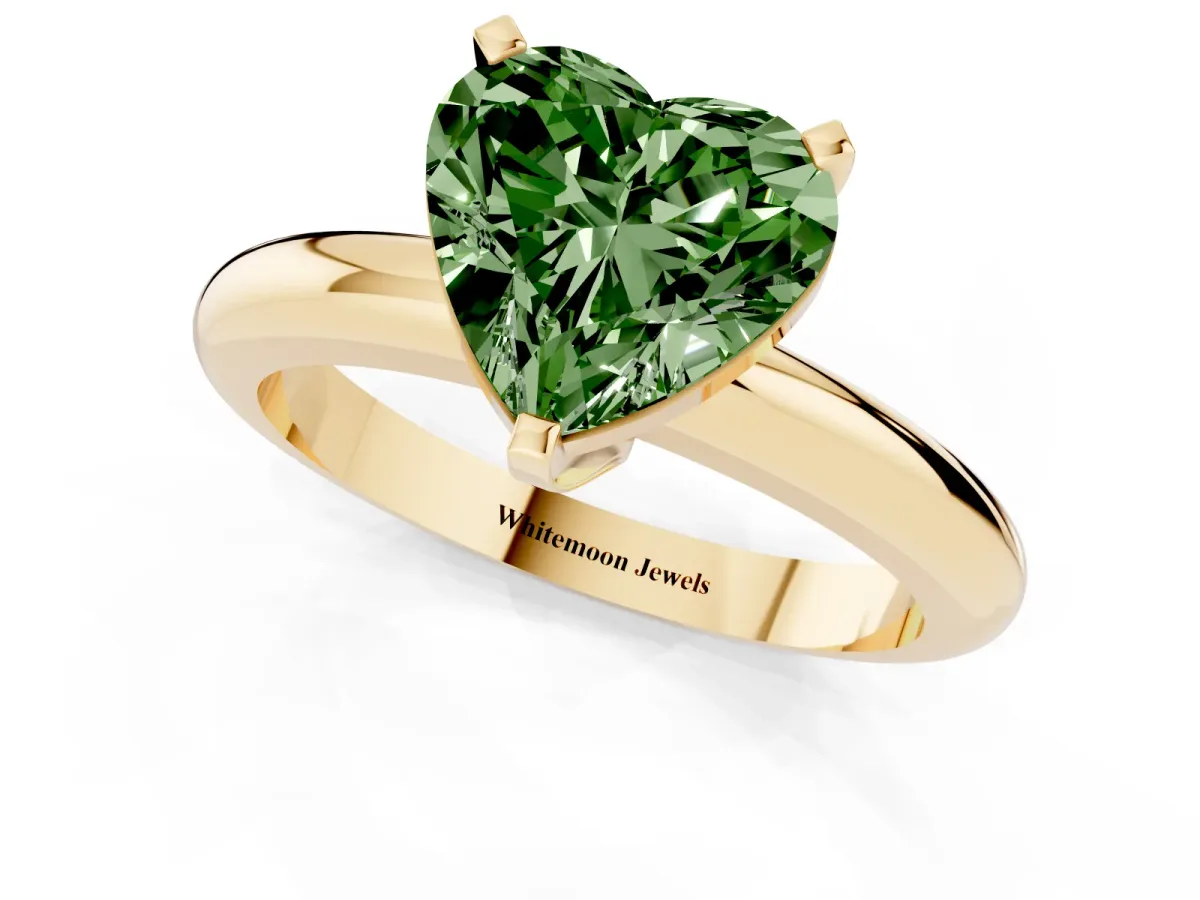 Fancy Green Heart Cut Diamond Solitaire Engagement Ring with Round Band and Four-Prong Setting Yellow gold