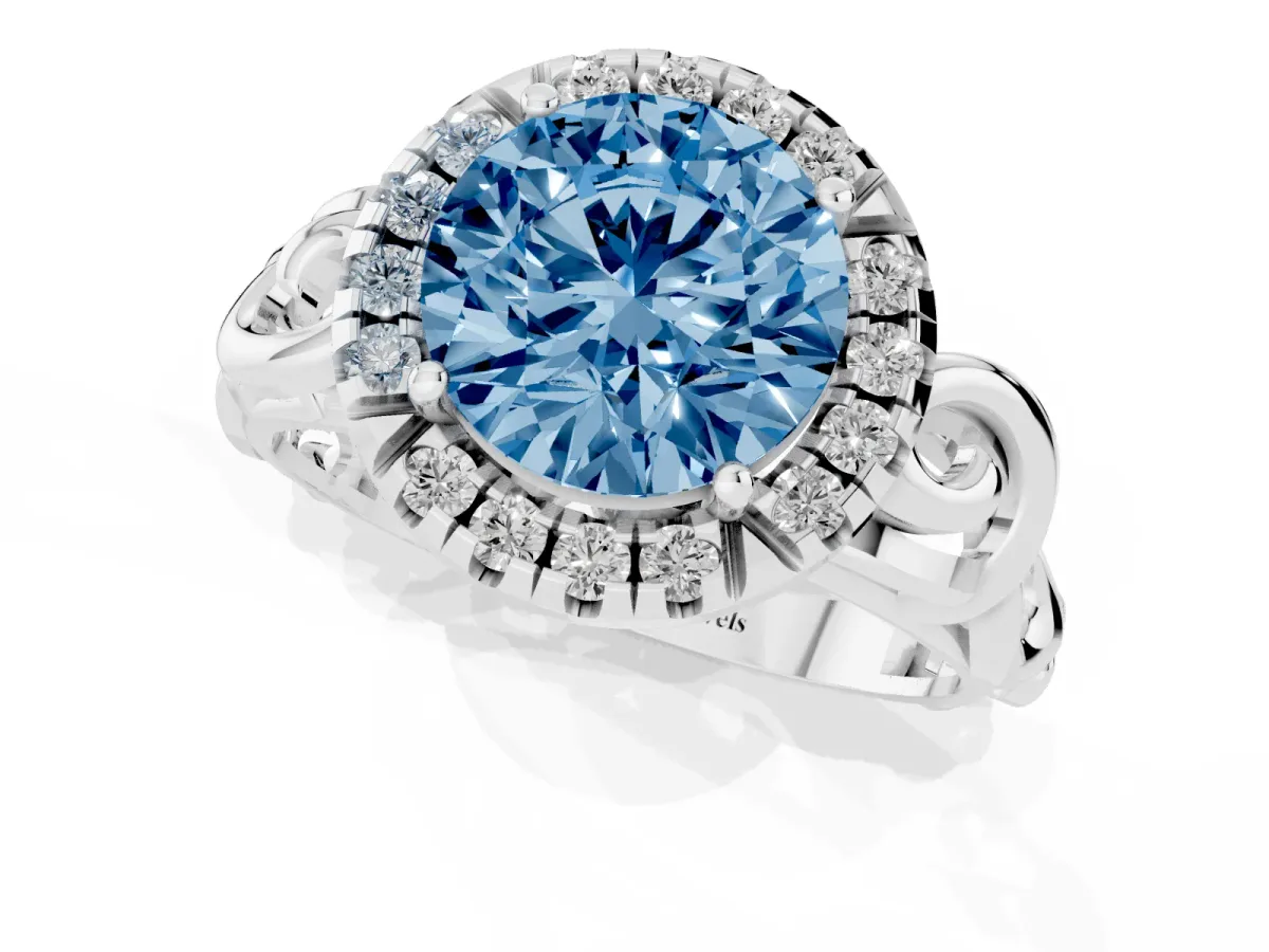 Fancy Blue Round Cut Cut Halo Diamond Ring with Scrollwork Band and Four-Prong Setting Platinum