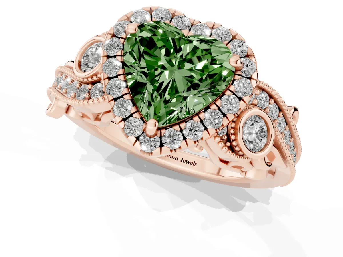 Fancy Green Heart Cut Halo Diamond Ring with Milgrain and Bezel Accents on a Split Shank Band Rose gold