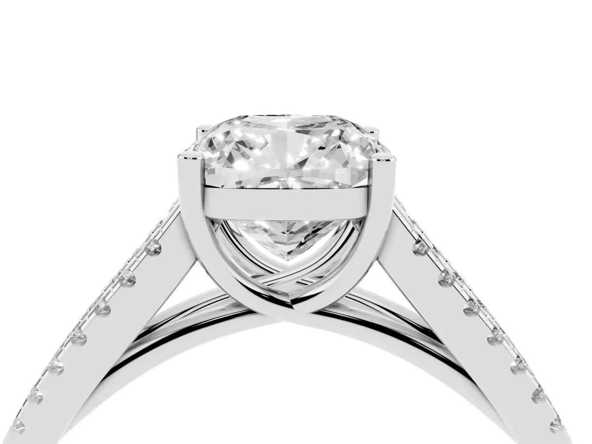 Cushion Cut Diamond Solitaire Engagement Ring with Split Shank Pavé Band Silver