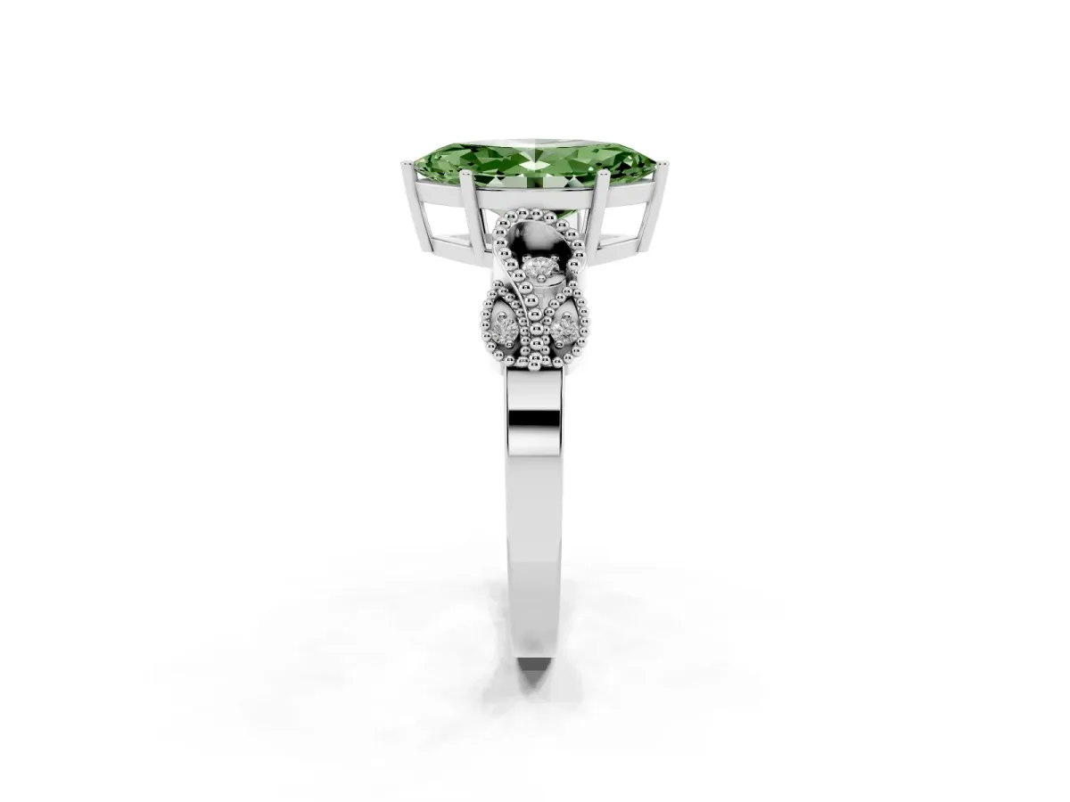 Fancy Green Marquise Cut Solitaire Milgrain Leaf Band with Prong Setting Platinum