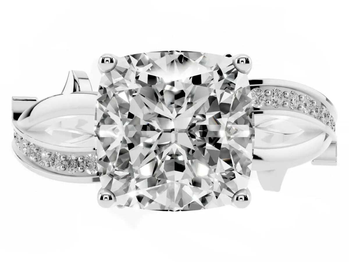 Cushion Cut Solitaire Twist Band with Pavé Accents and Four-Prong Setting White gold