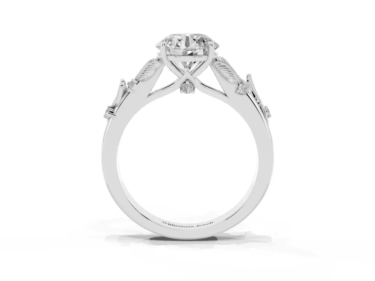 Round Cut Diamond Solitaire Ring with Leaf Motif Band and Four-Prong Setting Silver