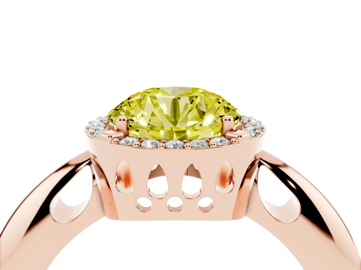 Fancy Yellow Round Cut Cut Diamond Halo Engagement Ring with Split Shank and Four-Prong Setting Rose gold
