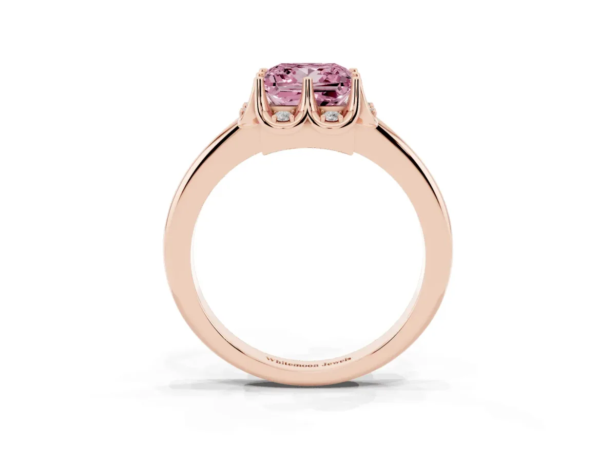 Fancy Pink Princess Cut Halo Diamond Ring with Round Cluster Setting, Solitaire Band, and Four-Prong Setting Rose gold