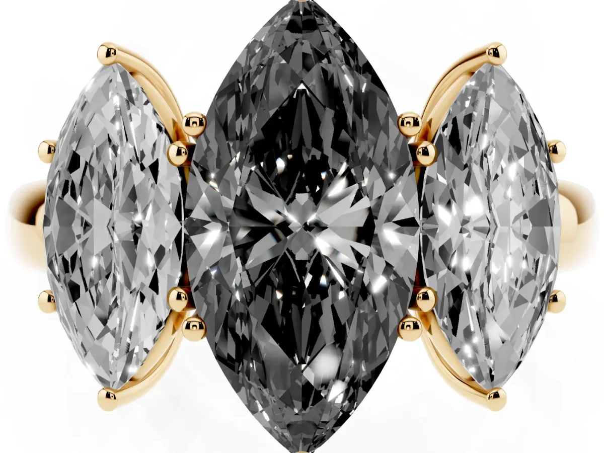 Fancy Black Marquise Cut Diamond Three-Stone Ring with Four-Prong Setting and Classic Band Yellow gold