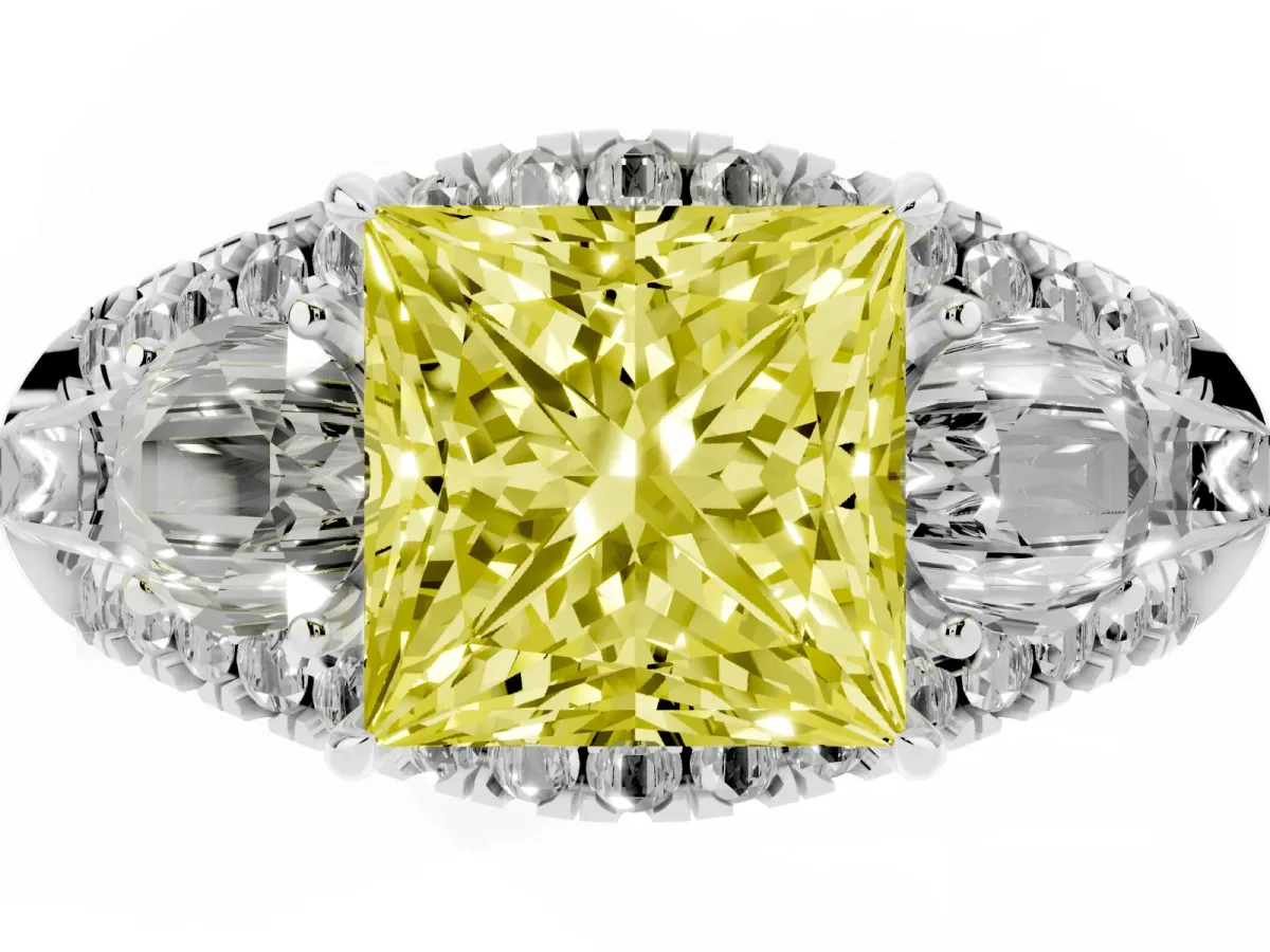 Fancy Yellow Three-Stone Princess Cut Diamond Engagement Ring with Pave Band and Prong Setting Silver