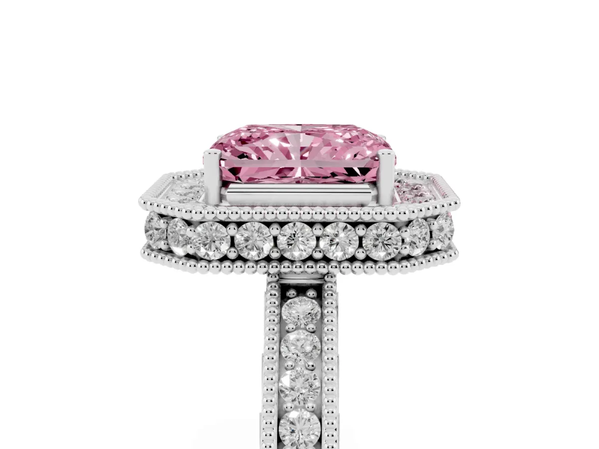 Fancy Pink Radiant Cut Diamond Milgrain Halo Engagement Ring with Round Pavé Band and Prong Setting Platinum