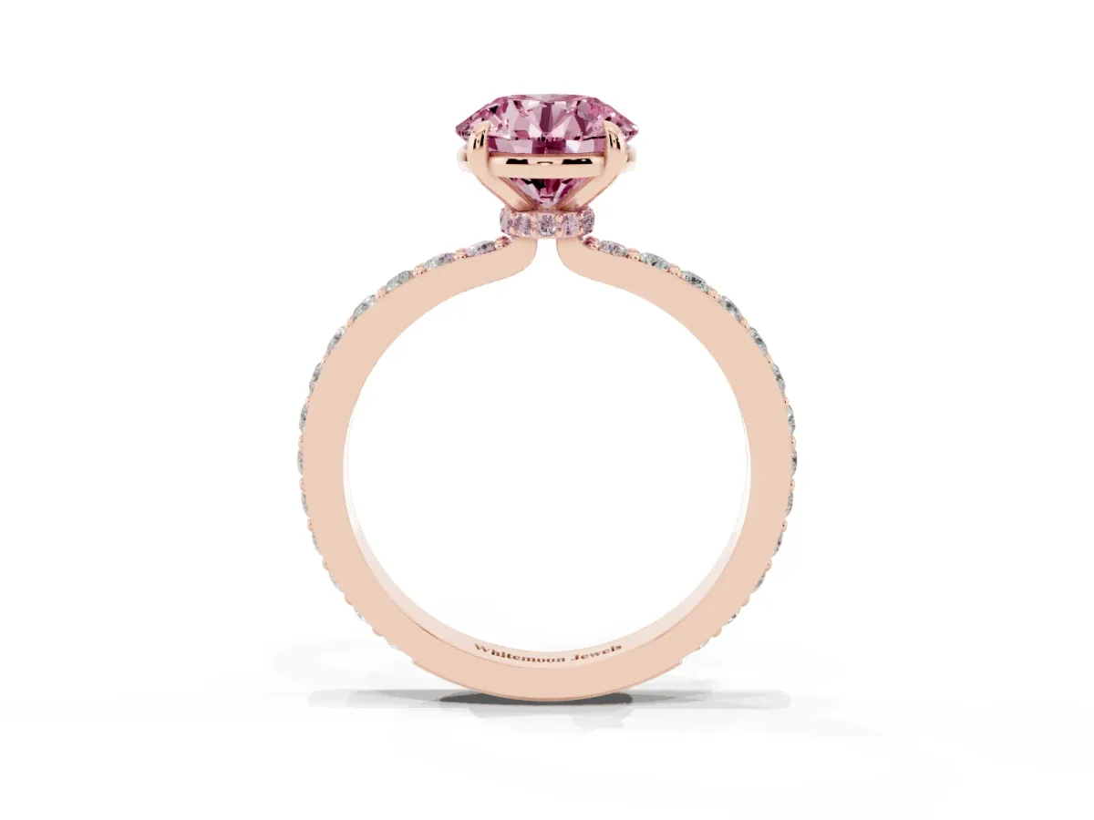 Fancy Pink Round Cut Diamond Pavé Engagement Ring with Round Accents and Prong Setting Rose gold