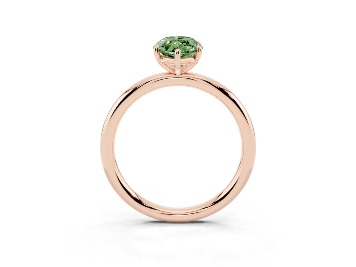 Fancy Green Oval Cut Solitaire Diamond Ring with Four-Prong Setting on a Plain Band Rose gold