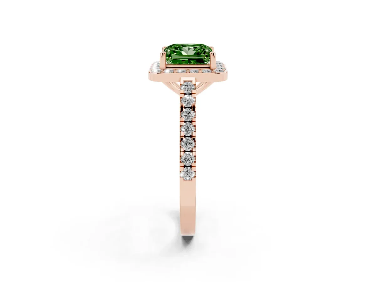 Fancy Green Princess Cut Diamond Halo Ring with Round Pavé Split Shank and Prong Setting Rose gold