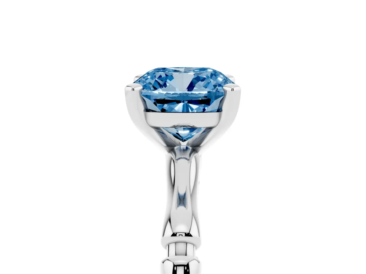 Fancy Blue Cushion Cut Solitaire Diamond Ring with Bamboo Band and Four-Prong Setting Silver