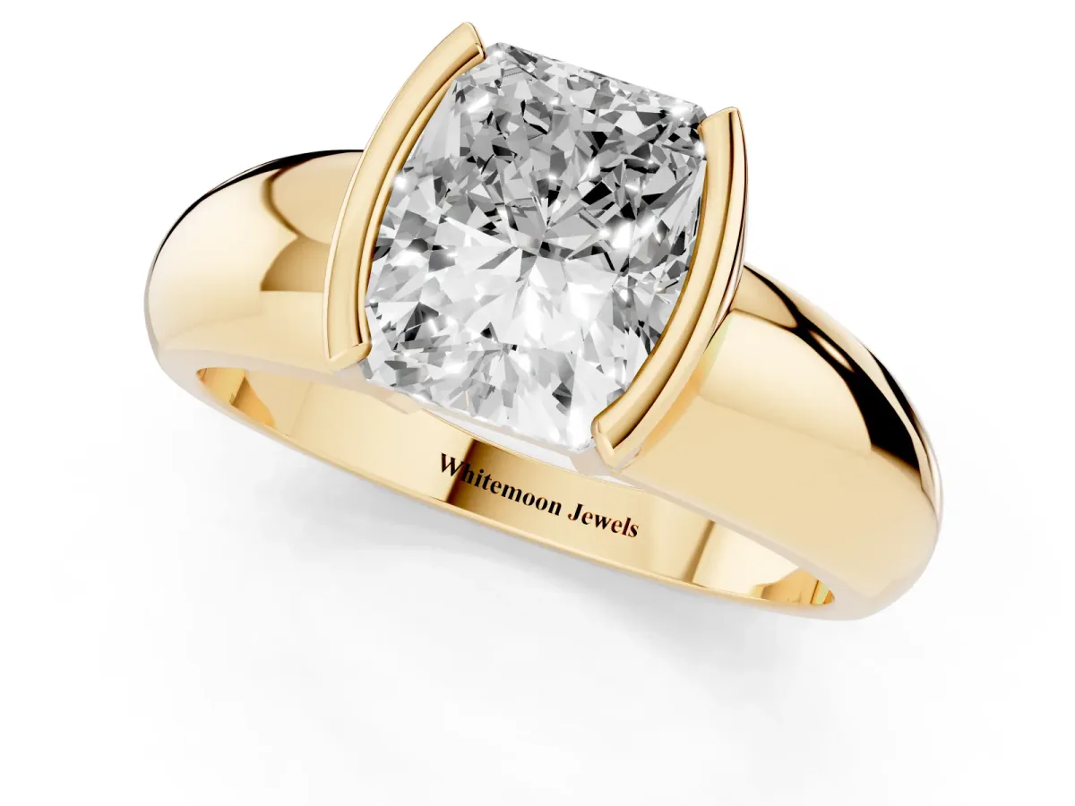 Radiant Cut Solitaire Tension Set Diamond Ring with Wide Band Yellow gold
