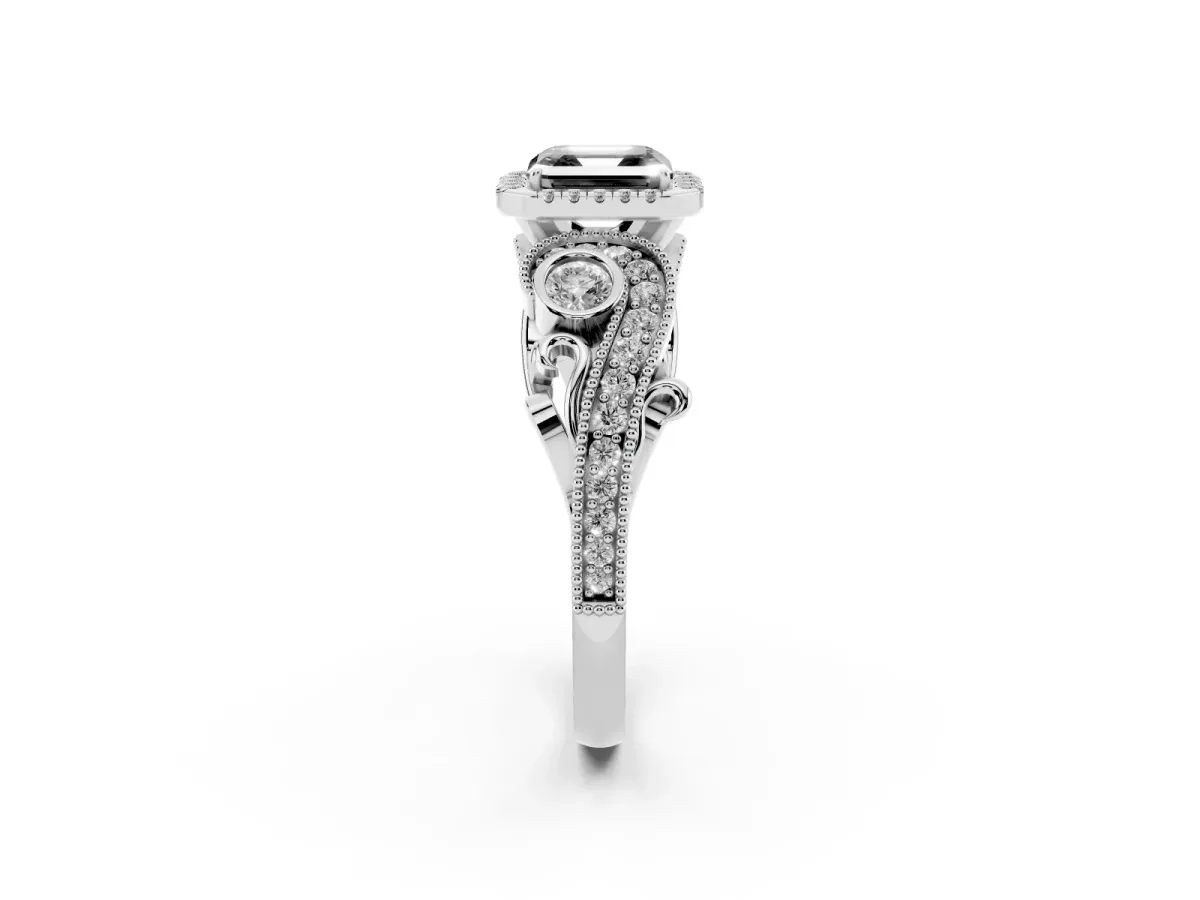 Fancy Black Asscher Cut Halo Diamond Ring with Milgrain and Bezel Accents on a Split Shank Band Platinum