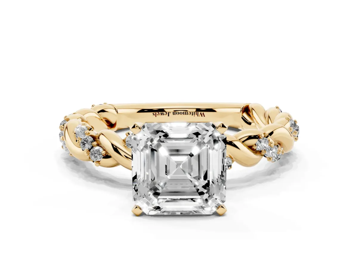 Asscher Cut Diamond Solitaire Ring with Twisted Band and Pavé Accents Yellow gold