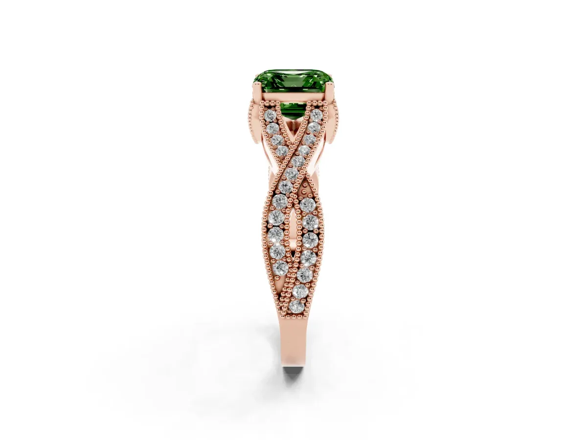 Fancy Green Asscher Cut Cut Diamond Twisted Band with Milgrain Pave Setting and Four-Prong Setting Rose gold