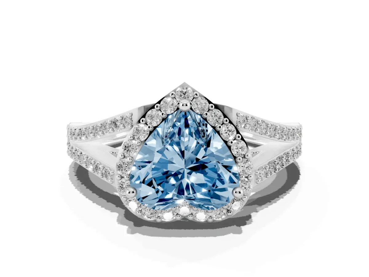 Fancy Blue Heart Cut Halo Split Shank Pave Diamond Ring with Four-Prong Setting Silver