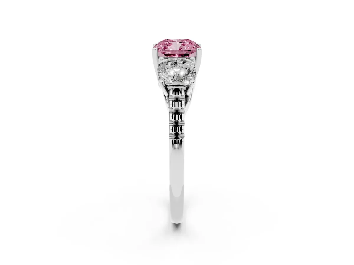 Fancy Pink Three-Stone Cushion Cut Diamond Ring with Round Pavé Band and Prong Setting Silver