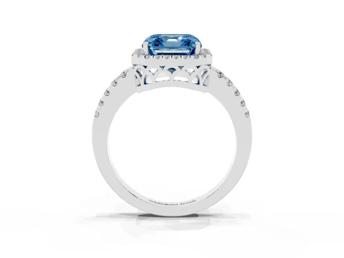 Fancy Blue Asscher Cut Halo Diamond Engagement Ring with Pavé Band and Four-Prong Setting Platinum