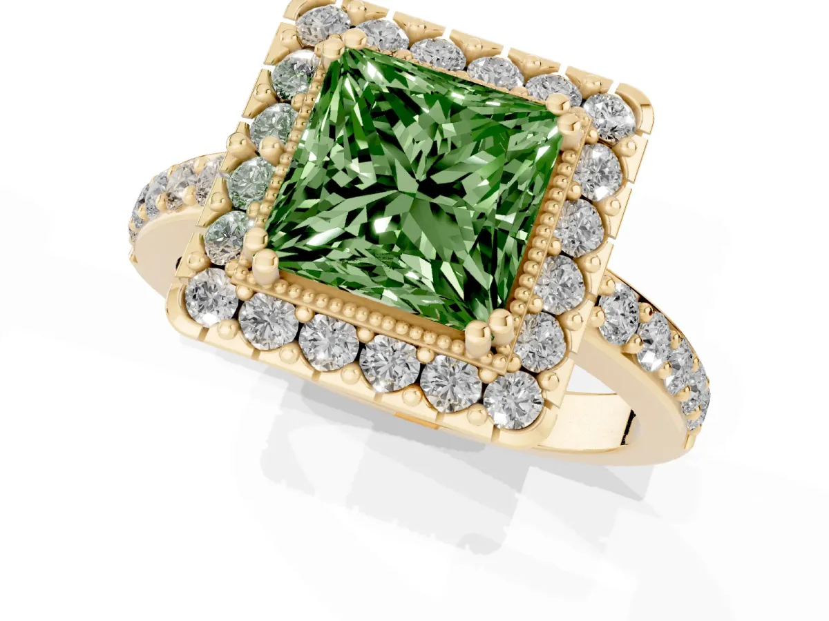 Fancy Green Princess Cut Diamond Halo Ring with Pavé Band and Prong Setting Yellow gold